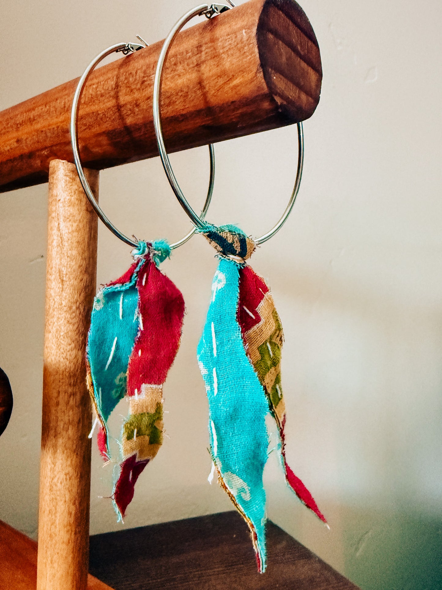 Handmade Hoop Earrings with Vintage Kantha Fabric