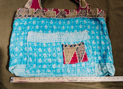 Handmade Kantha Shopper Tote – XL Utility Bag - sky floral