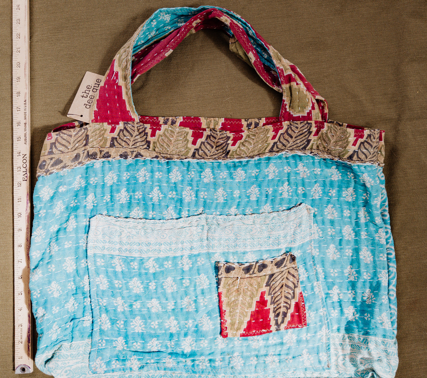 Handmade Kantha Shopper Tote – XL Utility Bag - sky floral