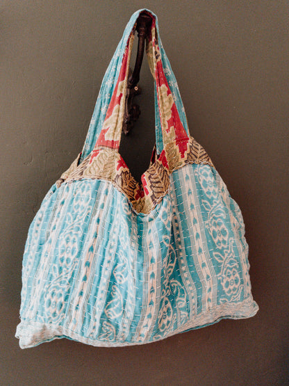 Handmade Kantha Shopper Tote – XL Utility Bag - sky floral