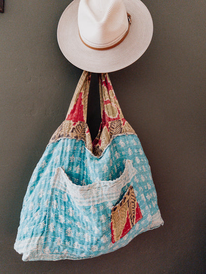 Handmade Kantha Shopper Tote – XL Utility Bag - sky floral