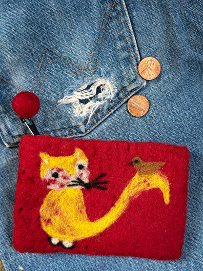 Cat & Bird Felted Wallet
