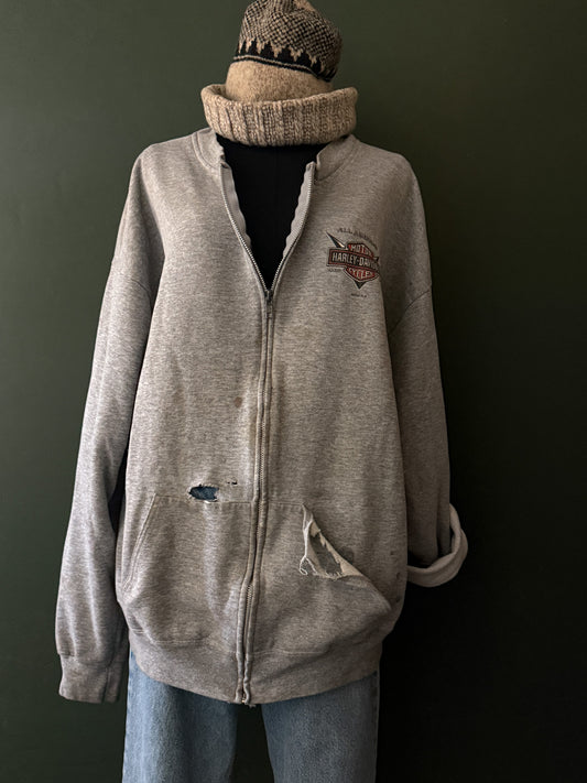 vintage harley sweatshirt, harley davidson zip up, distressed biker jacket, corning ny harley