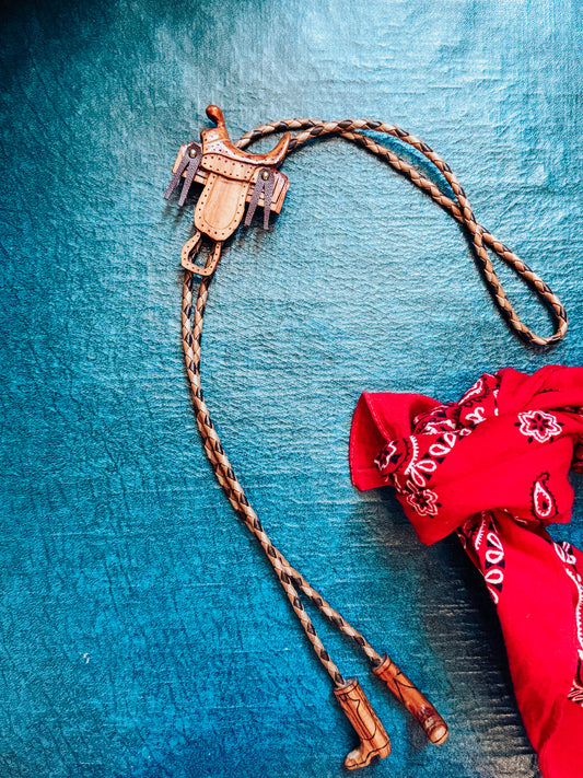 Wooden Saddle Bolo Tie with Boot Tips