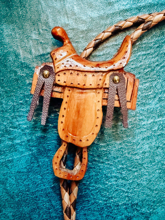 Wooden Saddle Bolo Tie with Boot Tips