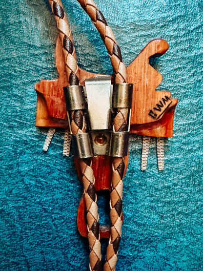 Wooden Saddle Bolo Tie with Boot Tips