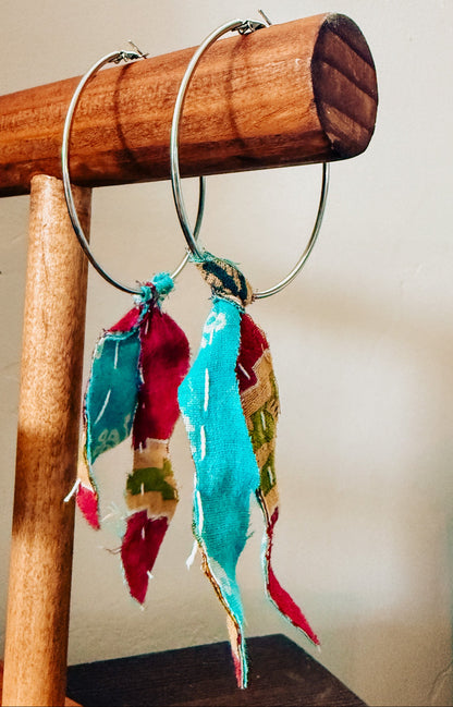 Handmade Hoop Earrings with Vintage Kantha Fabric