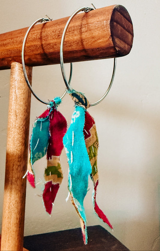 Handmade Hoop Earrings with Vintage Kantha Fabric