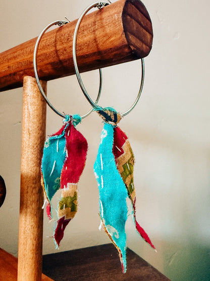 Handmade Hoop Earrings with Vintage Kantha Fabric