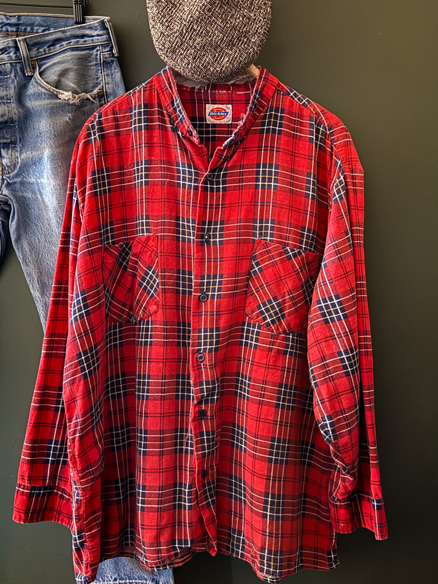 dickies vintage flannel, red plaid workshirt, thrashed menswear, worn workwear shirt