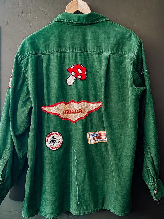 vintage corduroy shirt, patched green shirt, 1970s button-up, vintage workwear,  honda motorcycle