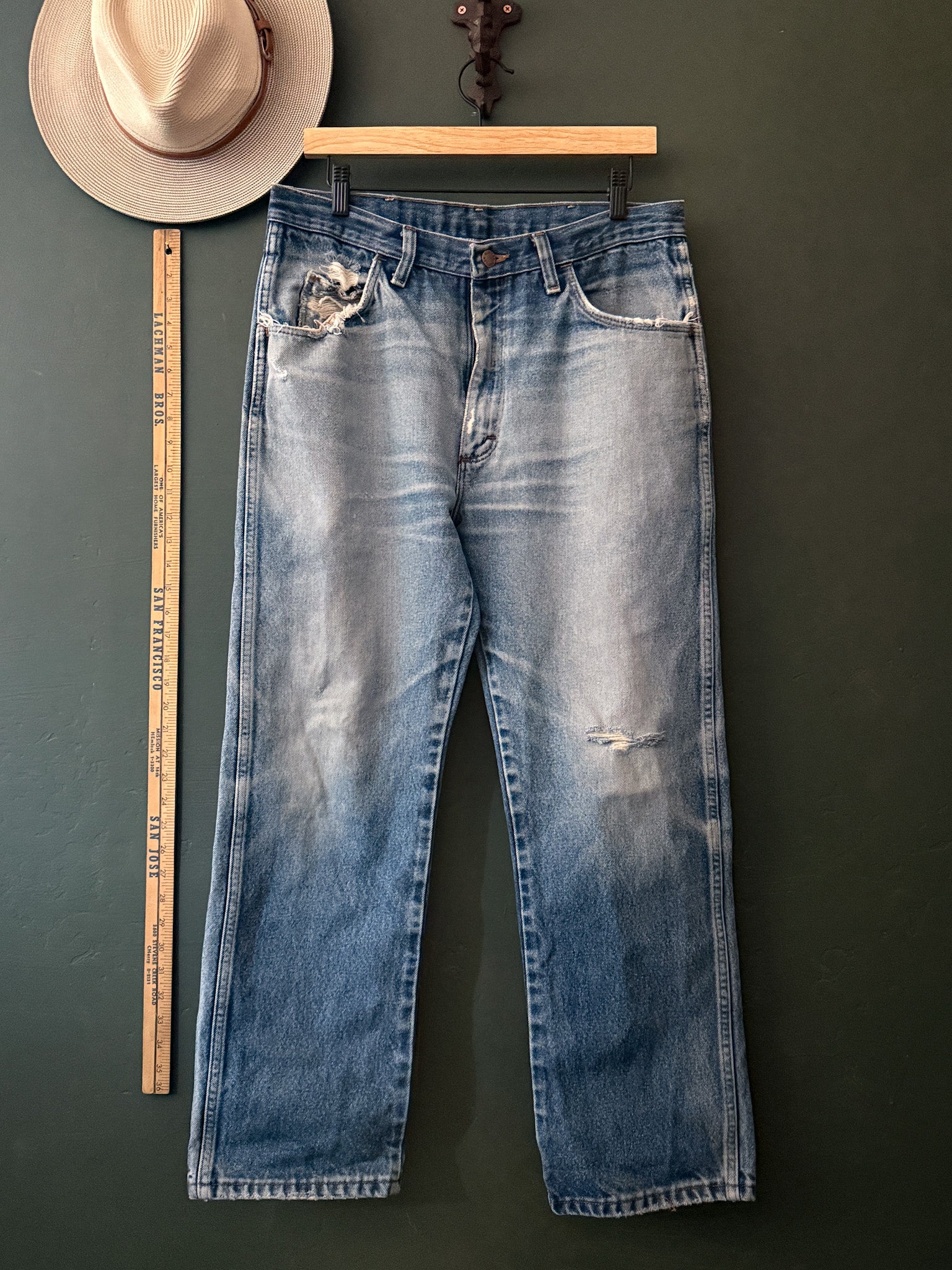 vintage rustler jeans, thrashed western denim, 90s cowboy jeans, workwear pants