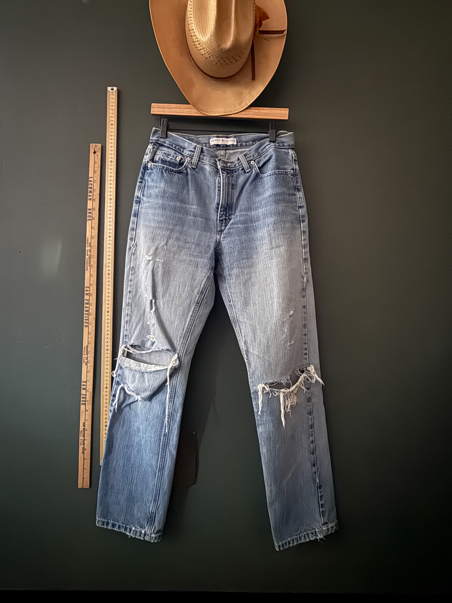 vintage tommy hilfiger jeans, 90s denim, distressed blue jeans, thrashed tommy denim